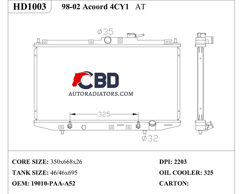 AUTO RADIATOR FOR HONDA 98-02 ACCORD/ DPI 2203