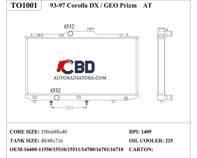 ALL ALUMINUM RADIATOR FOR TOYOTA COROLLA DX/GEO PRIZM AT/ DPI 1409