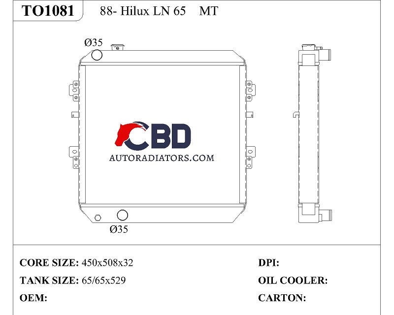 ALL ALUMINUM RADIATOR FOR 88- HILUX LN 65 MT/