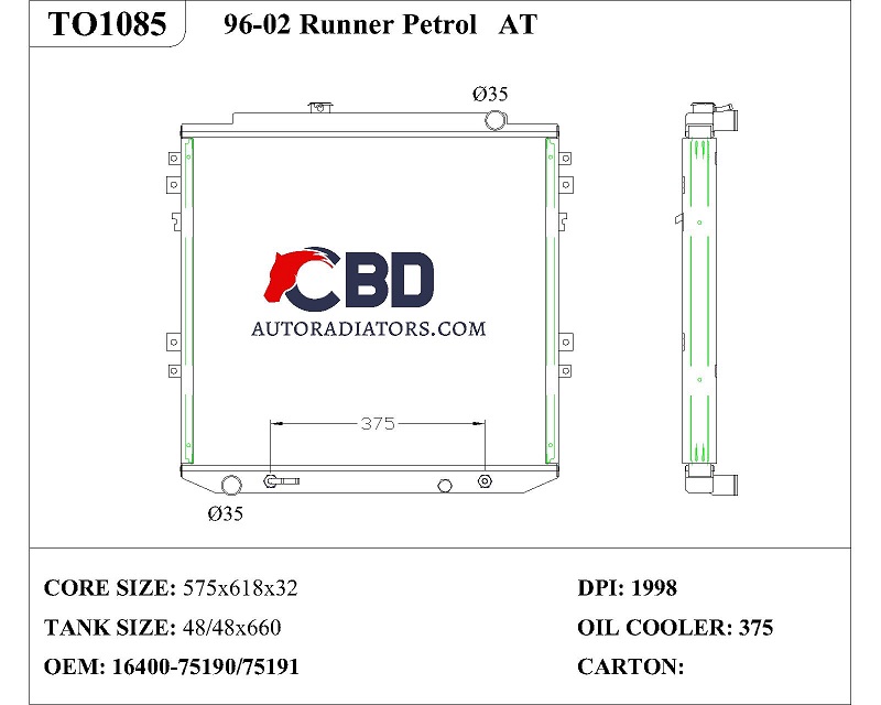 ALL ALUMINUM RADIATOR FOR TOYOTA RUNNER PETROL AT/ DPI 1998