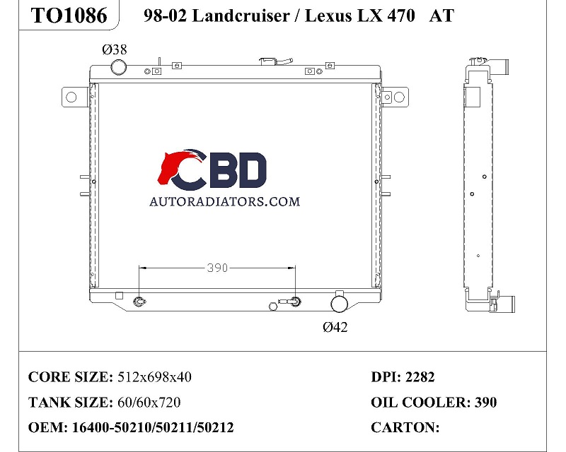 ALL ALUMINUM RADIATOR FOR TOYOTA LANDCRUISER/LEXUS LX 470 AT/ DPI 2282