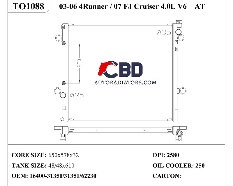 ALL ALUMINUM RADIATOR FOR TOYOTA RUNNER/FJ CRUISER 4.0L V6 AT/ DPI 2580