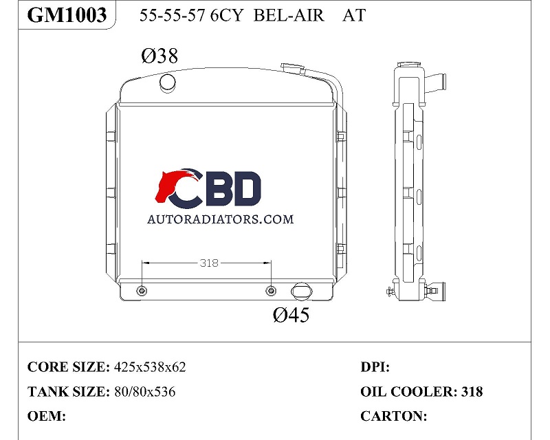 ALL ALUMINUM RADIATOR FOR 55-55-57 6CY BEL-AIR AT/