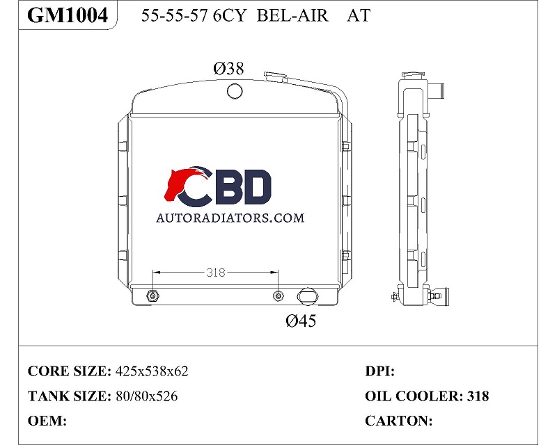 ALL ALUMINUM RADIATOR FOR 55-55-57 6CY BEL-AIR AT/