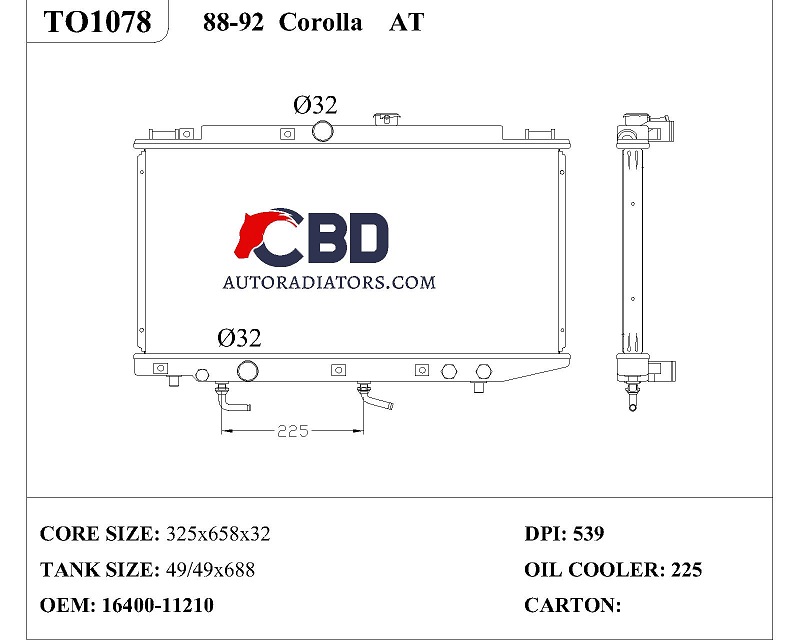 ALL ALUMINUM RADIATOR FOR COROLLA 1988-1992/ DPI 539